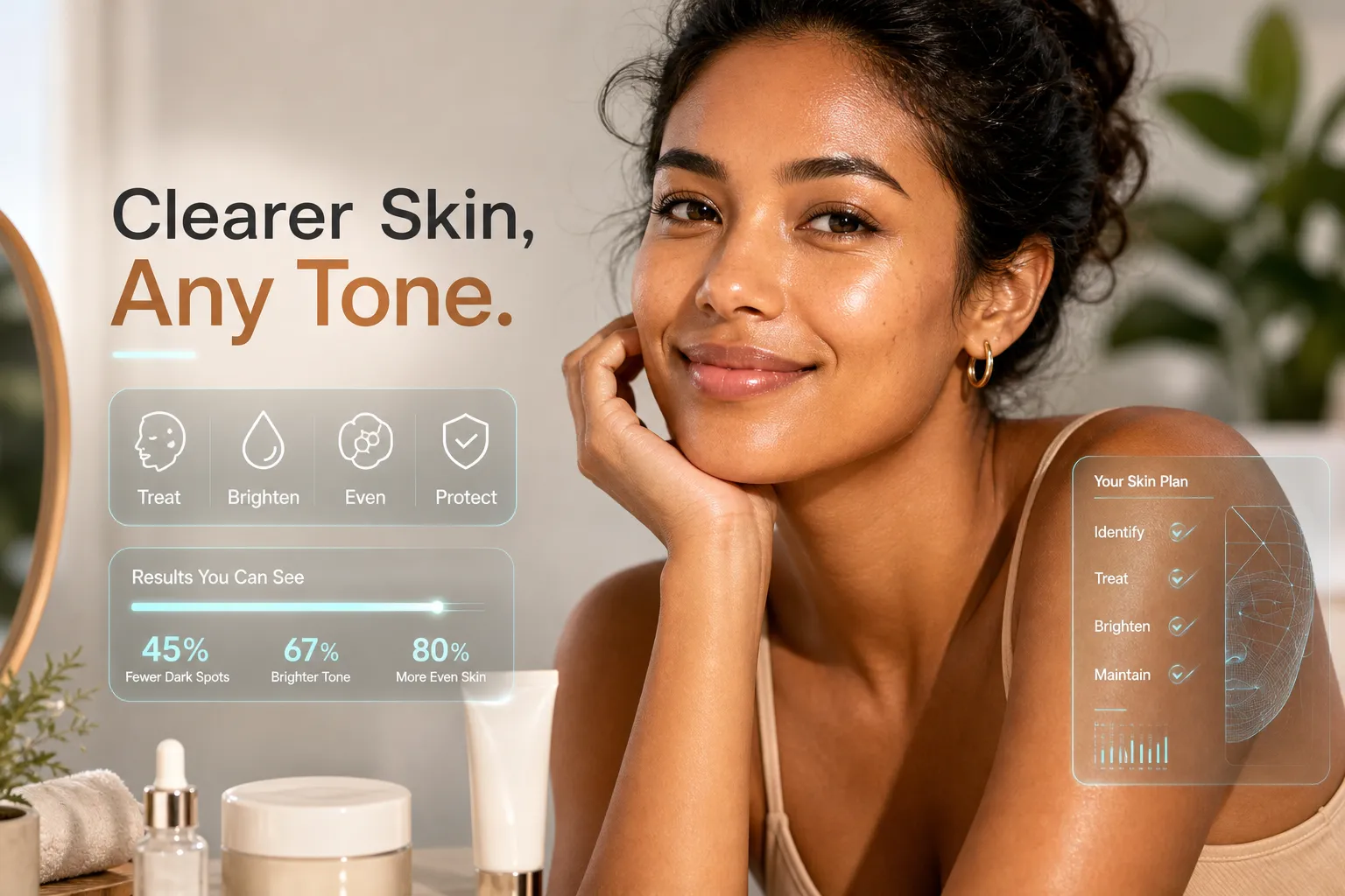 Hyperpigmentation treatment guide overlay showing dark spot reduction and radiant skin for all skin tones