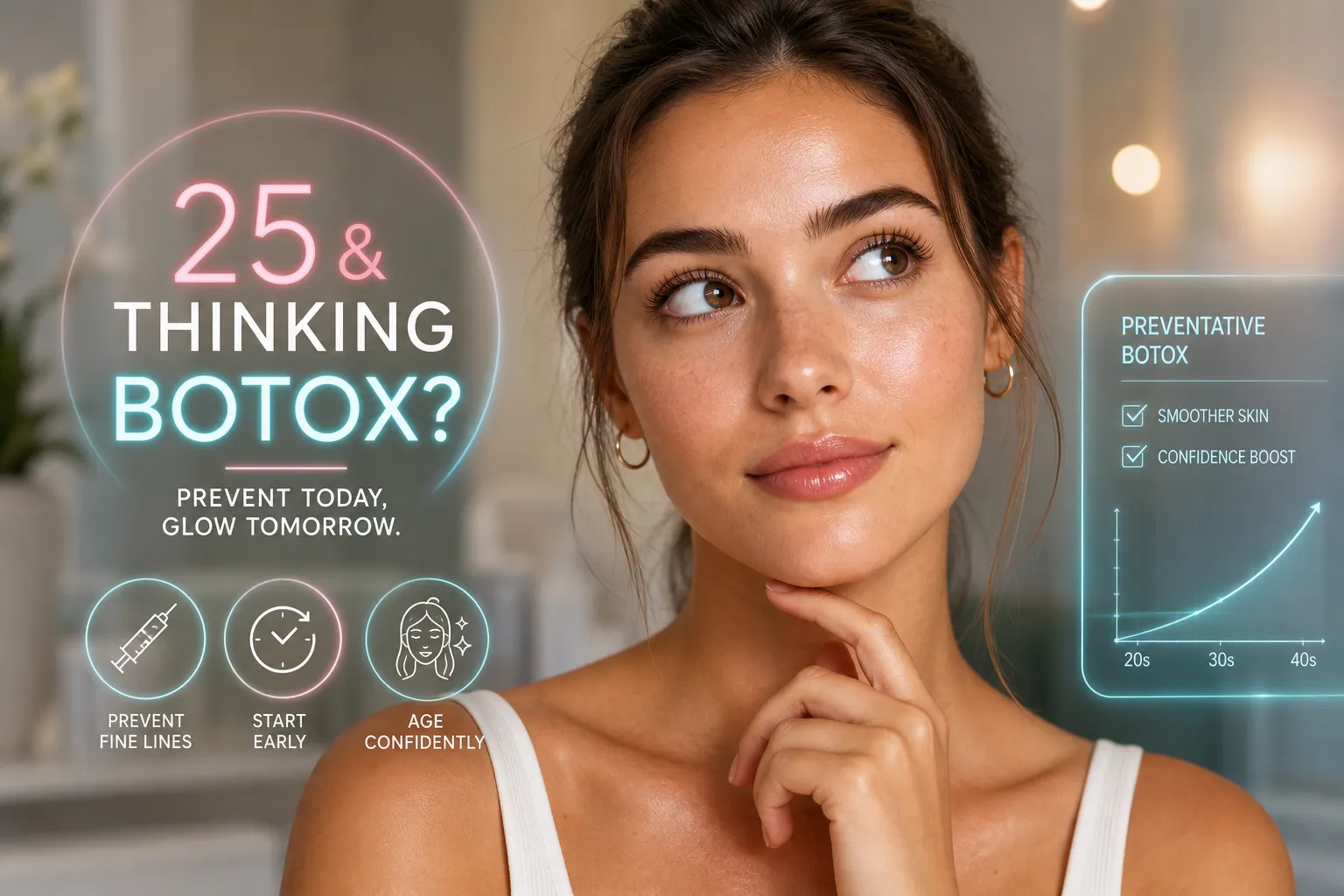 Young woman considering preventative Botox at age 25 infographic showing fine line prevention benefits